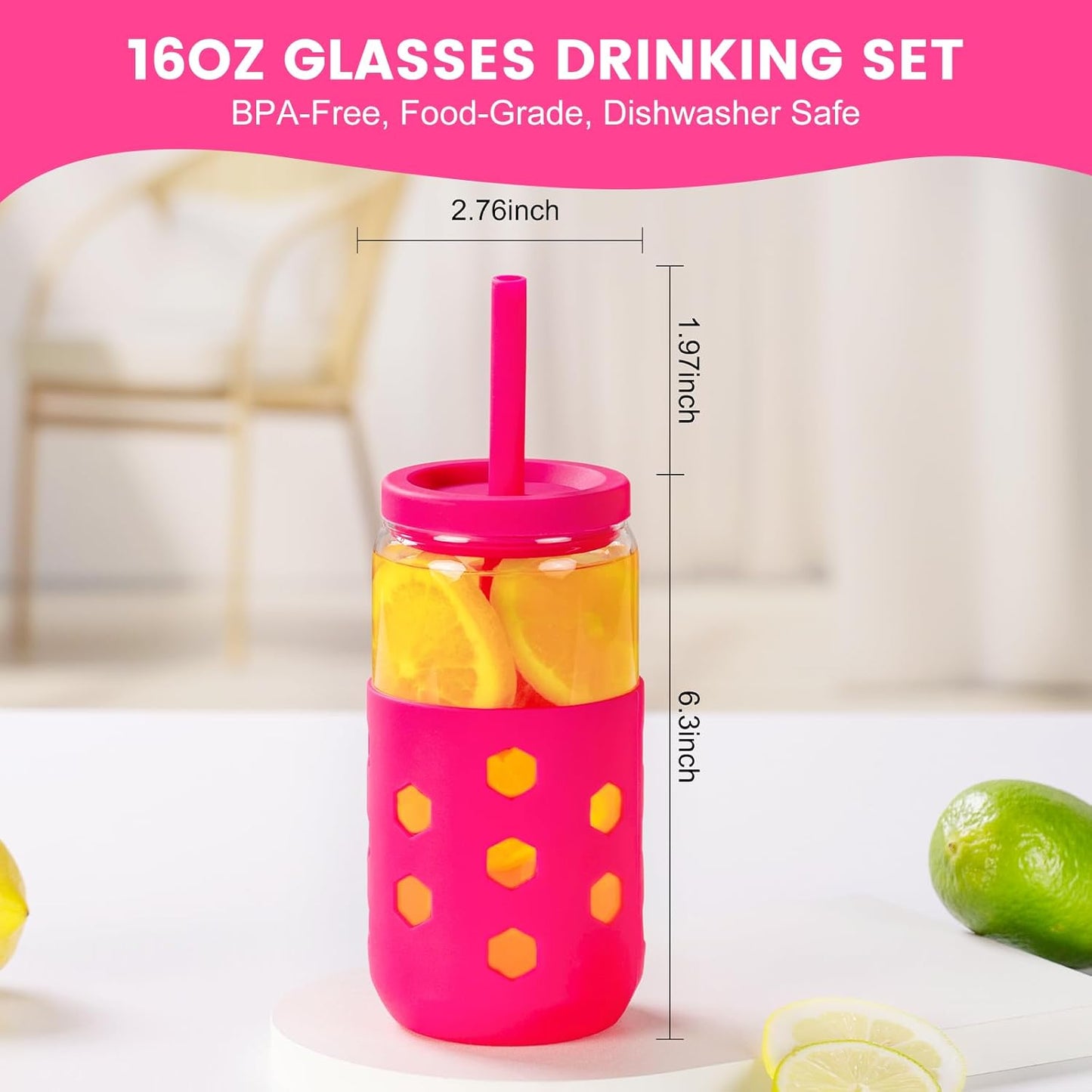 Glass Cups with Silicone Lids and Straws (4 Pcs), 16oz Drinking Glasses Set with Silicone Sleeves for Coffee Bar Accessories Iced Coffee Cups with Lids, Glass Tumbler Reusable for Gifts