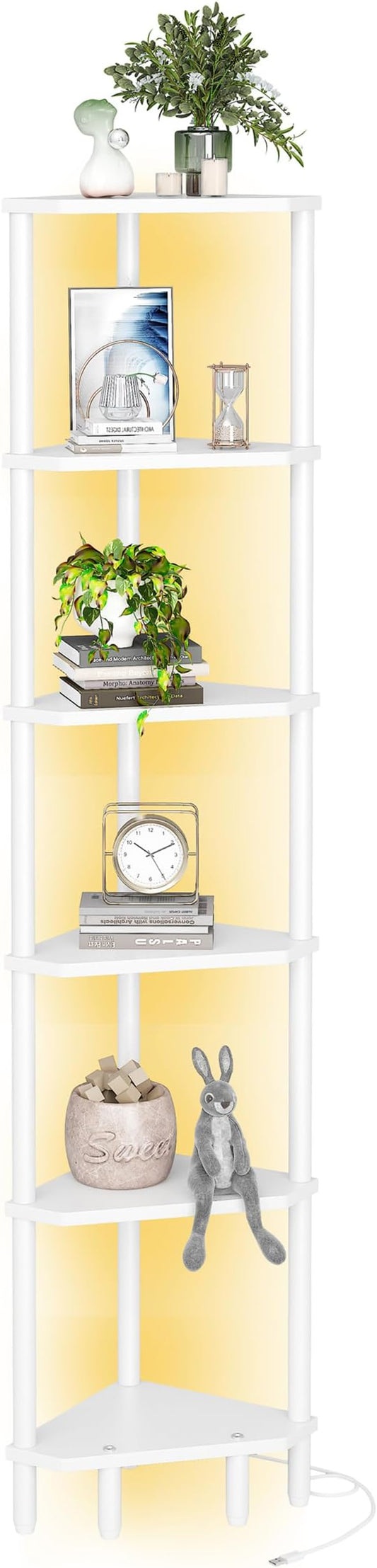 6 Tier Corner Shelf with LED Light, 66.5'' Tall Standing Shelf, Narrow Display Shelf Stand, Modern Corner Bookshelf, Plant Stand, Corner Bookcase for Living Room, Bedroom, Small Space LCS502WE