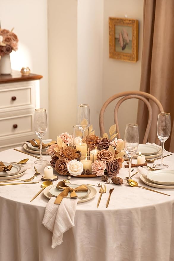 TINGE TIME Artificial Flowers, Fake Rose Silk Dahlia with Stems for DIY Bridal Wedding Bouquets Baby Shower Floral Arrangements Centerpiece Table Party Home Decorations(Dark Milk Tea)