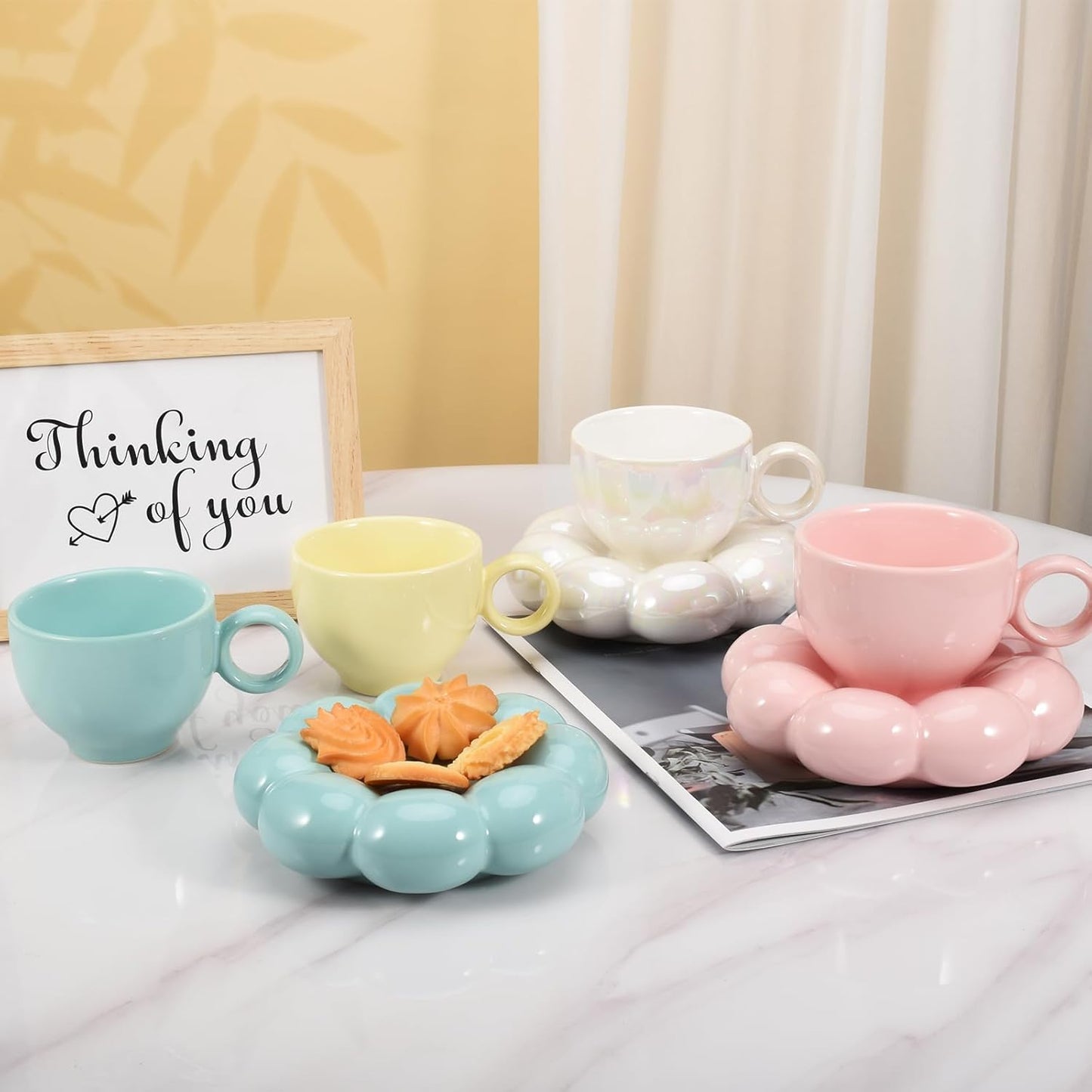 Koythin 4 Pieces Ceramic Sunflower Mug Saucer Set, Creative Cute Cup with Cloud Coaster, 6.5 oz/200 ml Aesthetic Mugs for Tea Latte Milk (White Pink Yellow Blue)