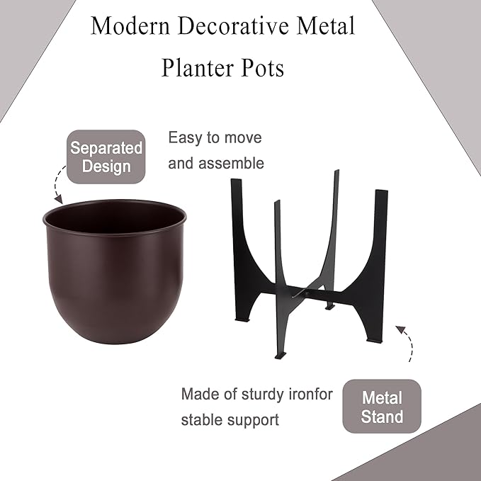 TRIROCKS Set of 2 Planters with Stand Indoor Outdoor Metal Plant Stand 11 &8.5" H Modern Planters Flower Pots for Living Room Corner Kitchen Office Garden Balcony Patio Decor (Brown)