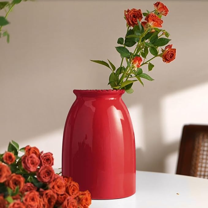 hjn Red Flower Vase- Ceramic Vase for Decor, White vase for Flowers, Modern Vases for Living Room/Home Decor Accents/Entryway/Mantel/Bookshel-Red