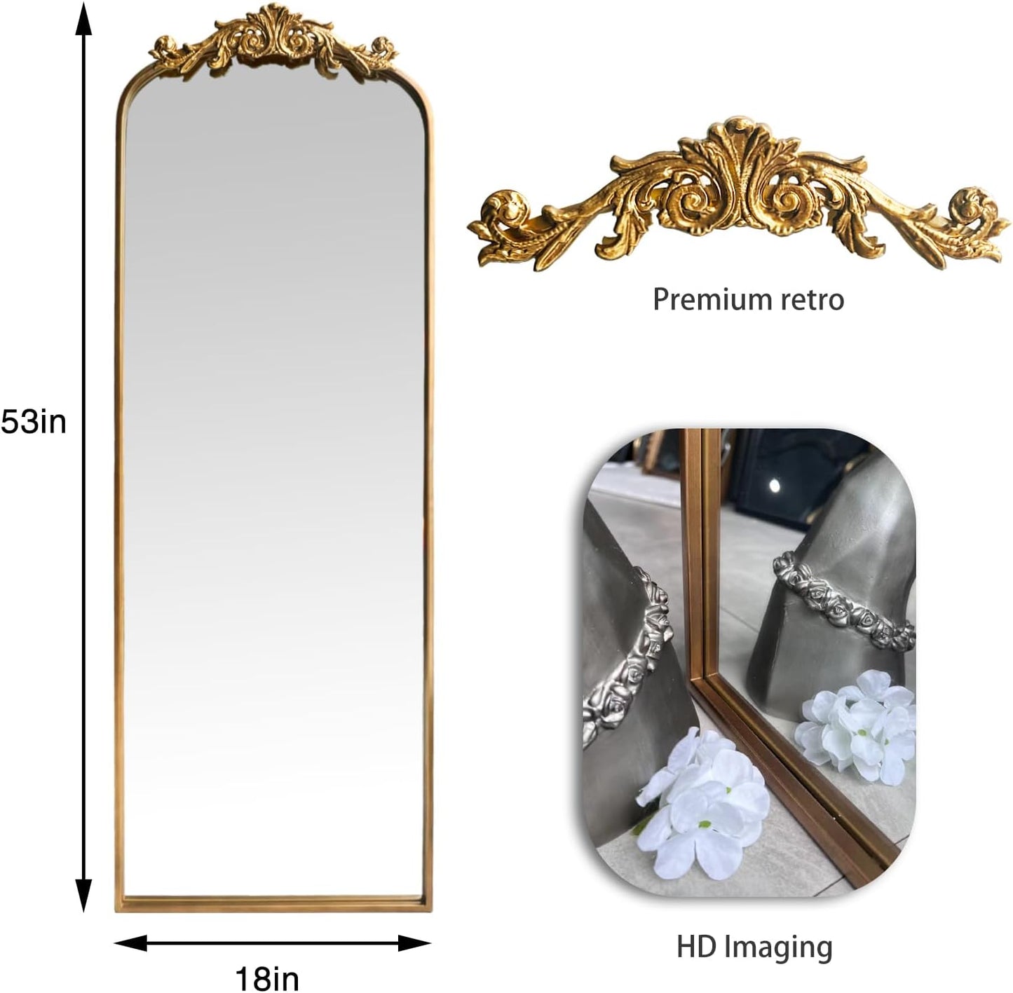 Large Gold Antique Mirror, Tall Arched Floor Mirror,Ornate Design Vintage Wall Mirror Decor for Entryway,Hallway,Living Room,Fireplace 18"X53"