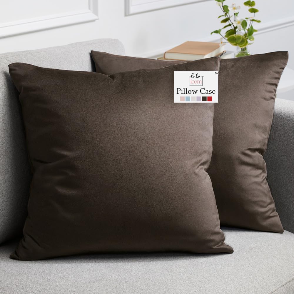 lalaLOOM Velvet Throw Pillow Covers, Set of 2, 18x18 Decorative Square Pillows Home Decor, Soft Accent Cases, Silky Machine Washable Pillowcases for Sofa, Couch, Bedroom, Living Room, Brown