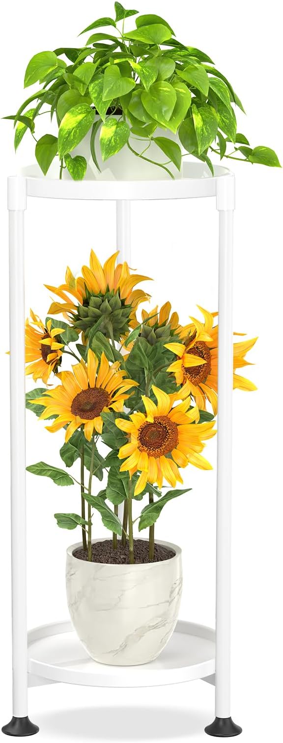KMOTASUO 2 Tier Plant Stand Indoor for Large Tall Heavy Duty Planter, Multiple Sturdy Metal Flower Corner Rack for Narrow House Floor, Iron Vertical Level Round Orchi Holder Organizer, White