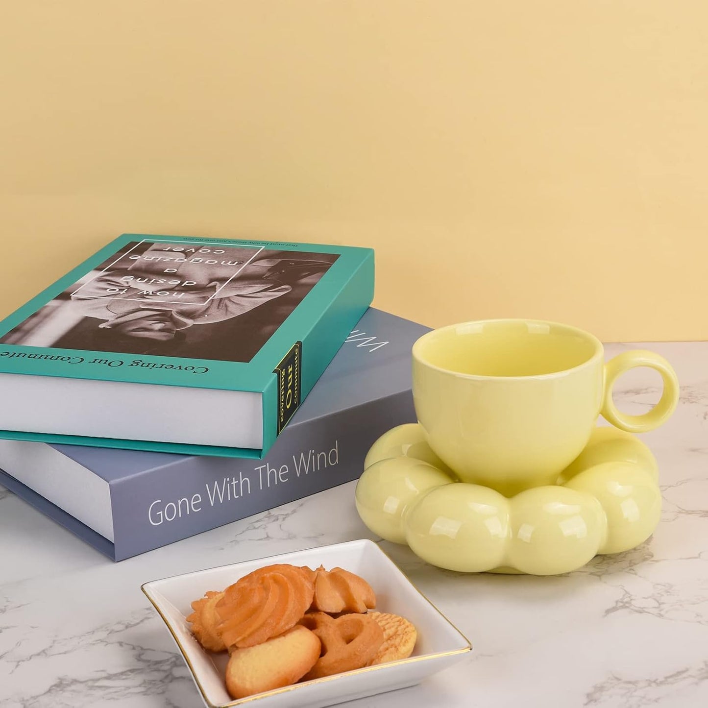 Koythin Ceramic Coffee Mug with Saucer Set, Creative Cute Cup with Sunflower Coaster for Office and Home, Dishwasher and Microwave Safe, 6.5 oz/200 ml for Tea Latte Milk (Lemon Yellow)