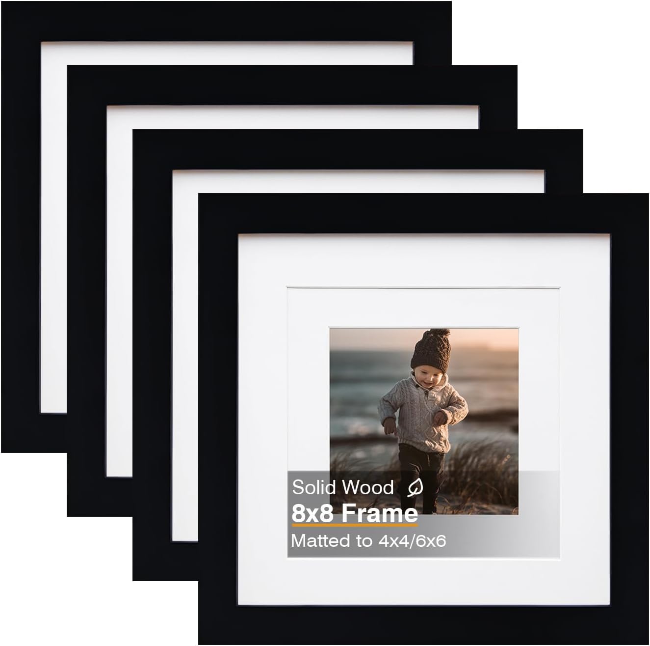 KINLINK 8x8 Picture Frame, Black Square Solid Wood Frames for Pictures 4x4 and 6x6 with Mat or 8x8 without Mat, Wall and Tabletop Display Photo Frames Black 4 Pack