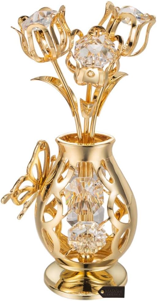 Matashi 24K Gold Plated Crystal Studded Flower Ornament in a Vase with Decorative Butterfly – Elegant Tabletop Showpiece Unique GIF for Mom, Wife, Grandma – Mother’s Day, Birthday