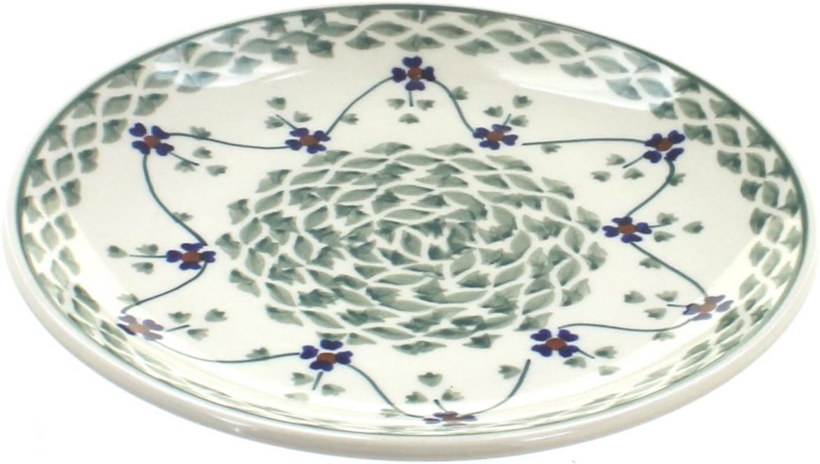 Blue Rose Polish Pottery - Green Sage Floral Dessert Plate - 7" Diameter - Beautiful Plate for Cake, Appetizers, or Snacks