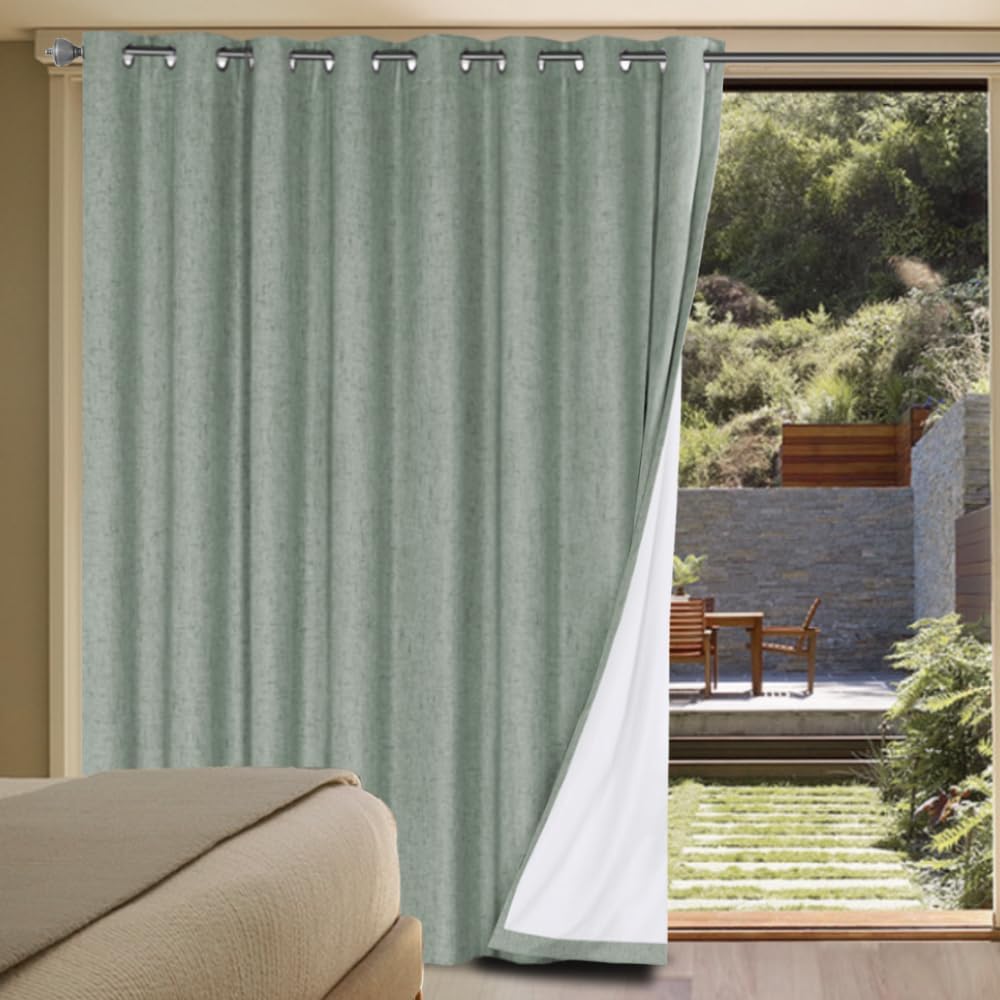 H.VERSAILTEX Linen Blackout Curtains Durable Thick Textured Linen Look 100% Blackout Patio Door Curtain Anti Rust Grommet Extra Wide Sliding Door Curtain Panel, W100 x L96 inch, Green Bay