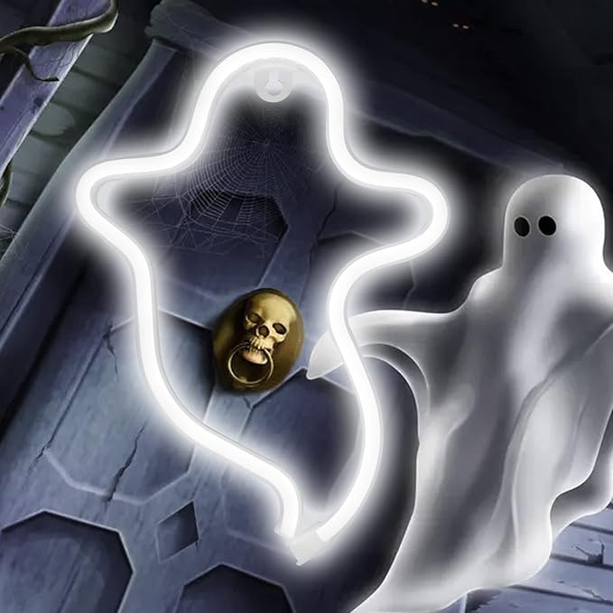White Ghost Halloween Lights Neon Signs, Gothic Shaped Lamp USB/Battery Operated Night Lights for Home, Wall, Festival, Party, Christmas Decor-Ghost(White)