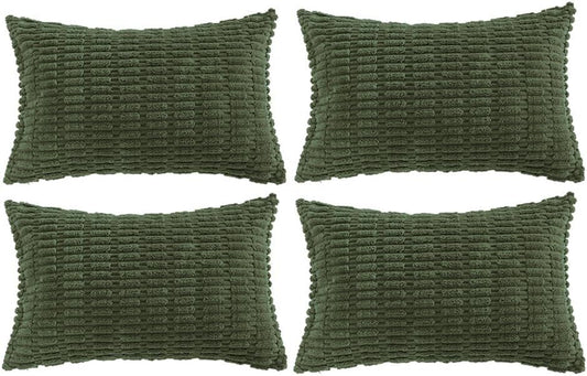 Fancy Homi 4 Packs Boho Olive Green Decorative Throw Pillow Covers 12x24 Inch for Couch Bed Sofa, Rustic Modern Farmhouse Home Decor, Soft Plush Corduroy Cute Square Cushion Case 30x60 cm