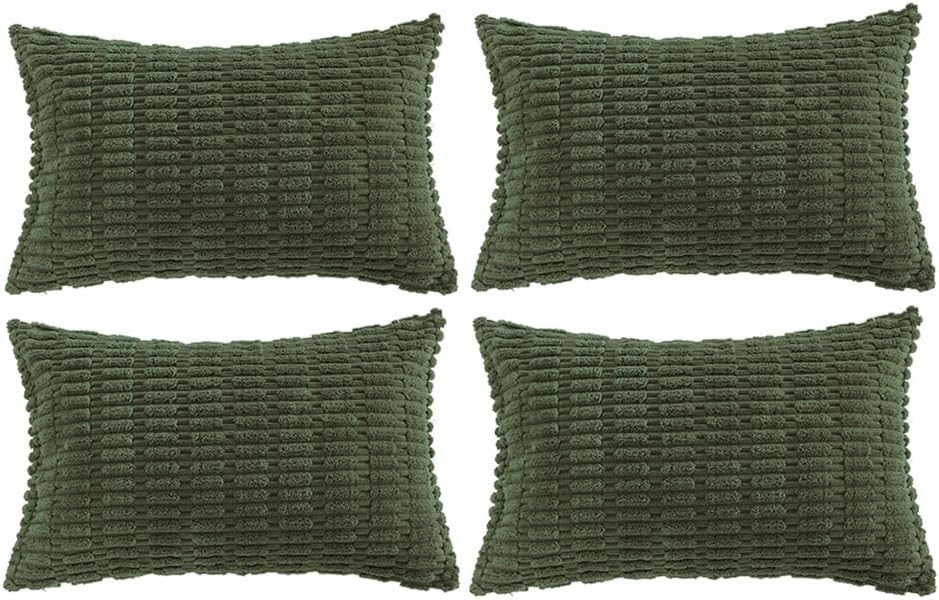 Fancy Homi 4 Packs Boho Olive Green Decorative Throw Pillow Covers 12x20 Inch for Couch Bed Sofa, Rustic Modern Farmhouse Home Decor, Soft Plush Corduroy Cute Square Cushion Case 30x50 cm