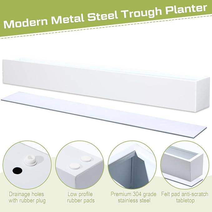 32 x 3.5 x 3.5 Inch Long Rectangular Planter Box Window Sill Plant Box Metal Water Trough Indoor Large Modern Steel with Drainage Holes Herb Garden Home(White)