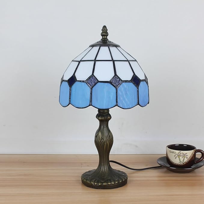 Tiffany Table Lamp 8'', Blue Tiffany Style Table Lamp for Bedroom Study Office Home Stained Glass Lamp