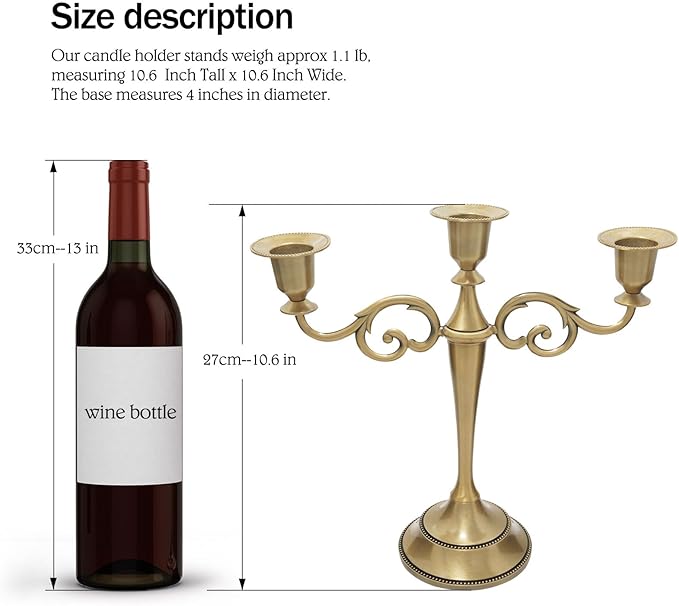 3 Candle Metal Candelabra – Candlesticks Holder for Formal Events, Wedding, Church, Holiday Décor, Halloween – Taper Candle Holder Stand Centerpiece Elegant Decoration Piece for Table,Brass