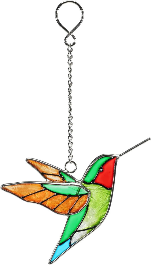 Handmade Stained Glass Hummingbird Hanging Ornament - Colorful 4.3x4.9 Inch Window/Garden Decor for Mom, Grandma, Mother's Day - Patio, Home, Wedding Decorations (Yellow Wing)