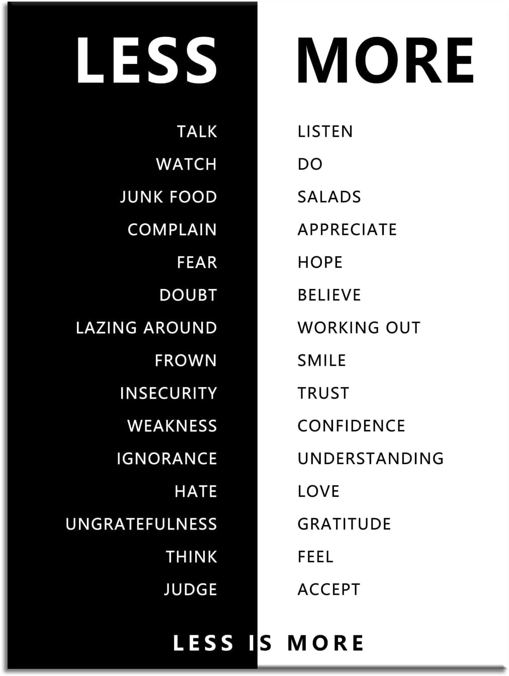 Less is More Motivational Print Wall Art for Office Black and White Inspirational Poster Inspiring Picture Painting Modern Artwork for Home Bedroom Living Room Office Decor Frame[18''W X 24''H]