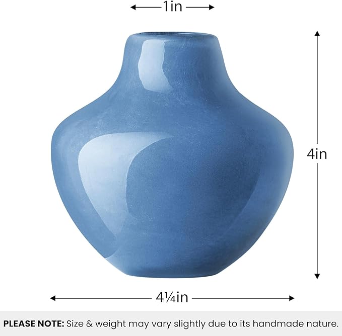Torre & Tagus 4" Mouth Blown Art Glass Vase for Flowers - Opaque Blue Small Table Vase & Handmade Small Blue Accent for Coastal Home Decor, Neutral Bud Vases as Decorative Shelf Decor or Wedding