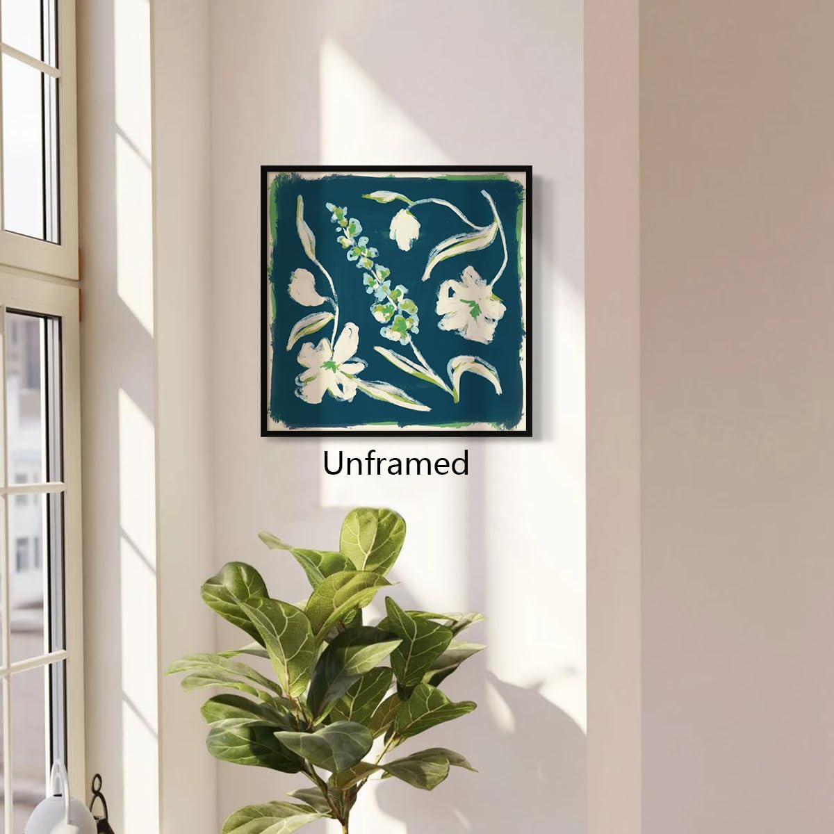 Flower Canvas Wall Art, Blue and Green Floral Aesthetic Poster, Chinoiserie Watercolor Botanical Print, Coastal Grandma Modern Southern Grandmillennial Plant Painting for Wall 24x24in Framed