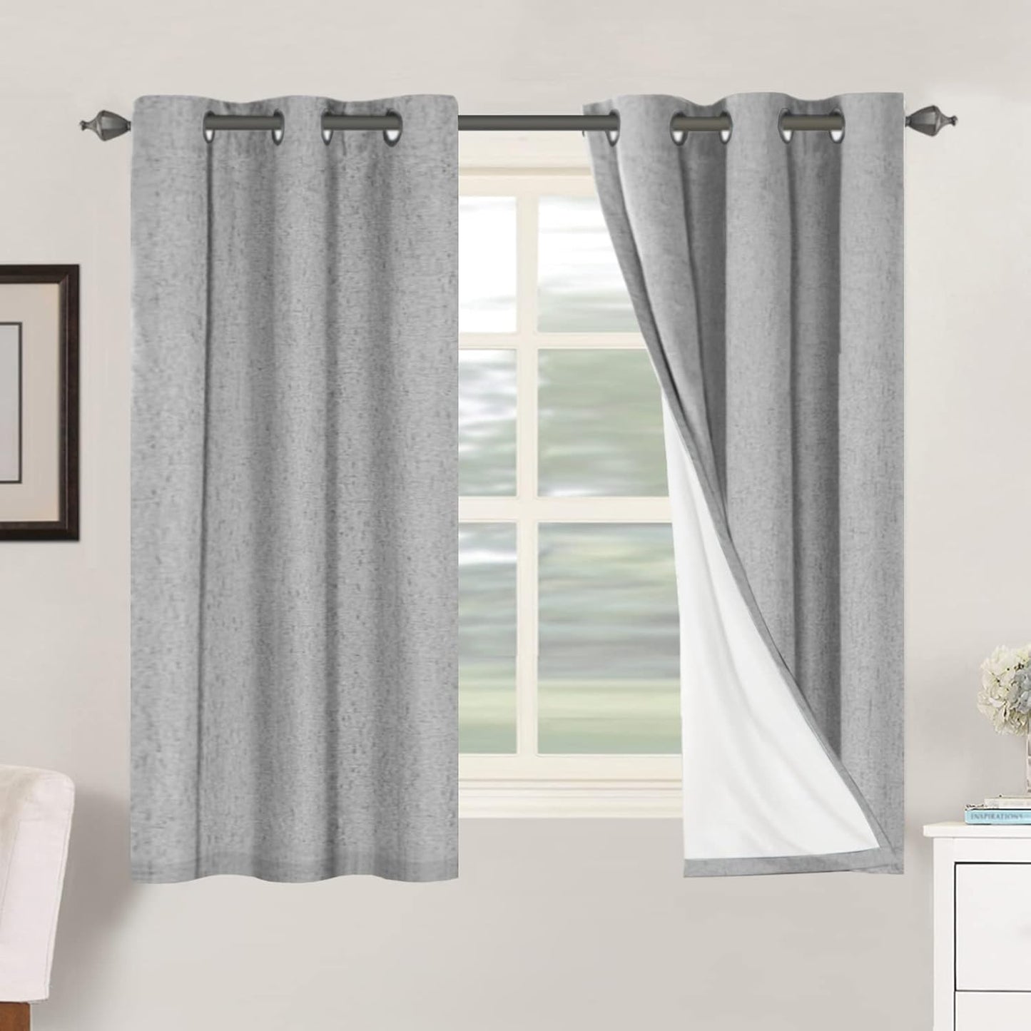 H.VERSAILTEX Primitive Linen Curtains 100% Blackout Curtain Drapes Burlap Curtains with White Thermal Insulated Liner, Grommet Top Drapes Living Room/Bedroom (2 Panels, 42 x 54 Inch, Dove Gray)