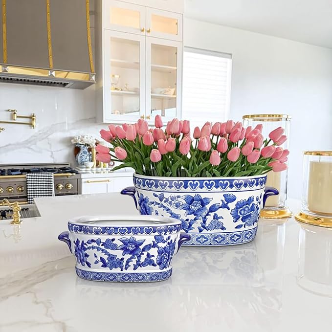 Blue and White Ceramic Planter Pot – Vintage Floral Oval Cachepot Vase for Indoor Plants, Flowers & Succulents – Glazed Chinese Porcelain Style Decorative Bowl – 7.4" or 10.6" Size – No Drainage