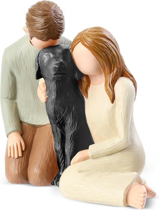 Couple with Black Dog Figurines, We are A Family Memorials Statues for Dog Lovers