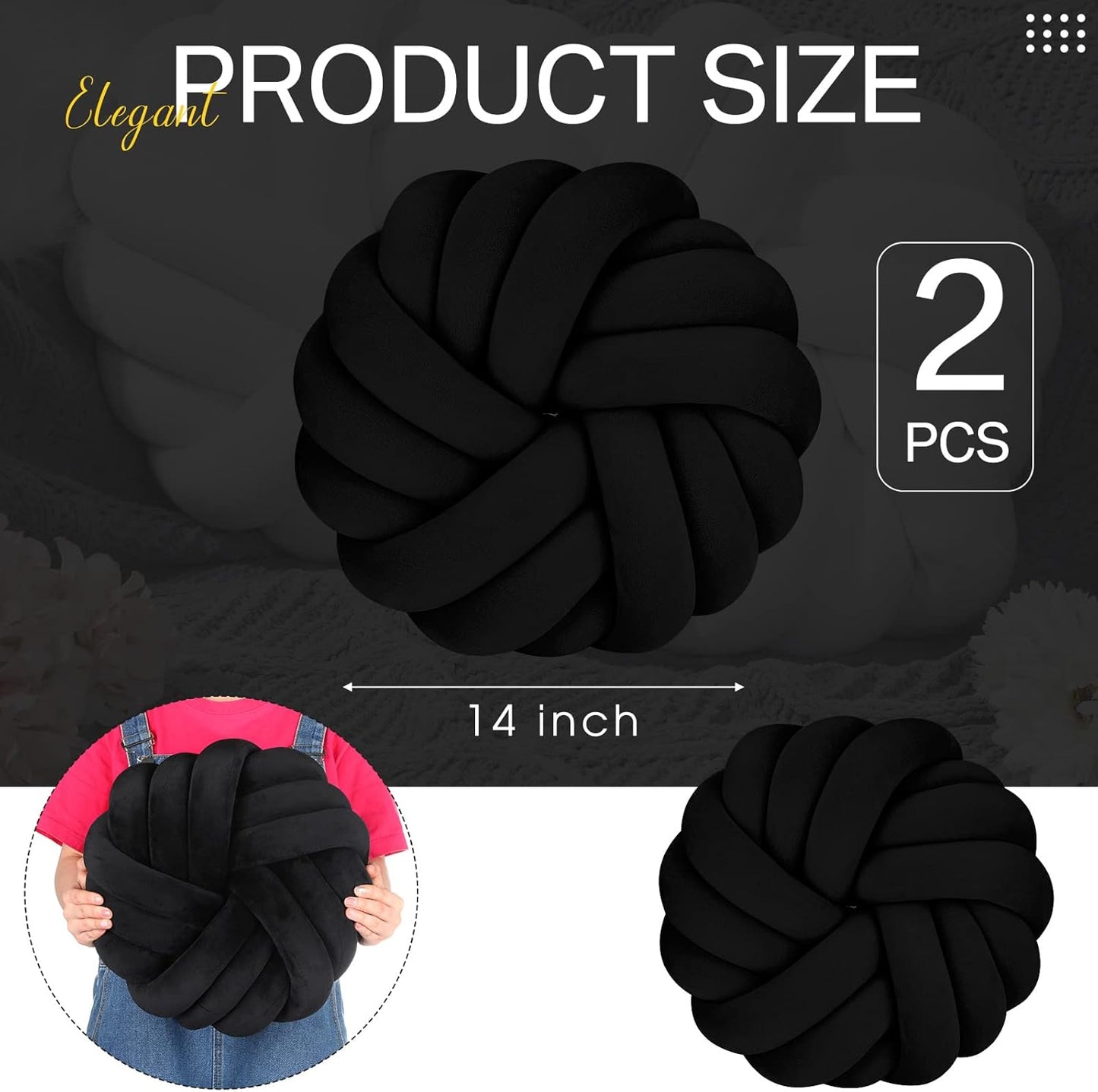 Fumete 2 Pcs 14 Inches Knot Pillow Round Throw Soft Plush Knot Ball Pillow Handmade Knotted Modern Home Decorative Cushion for Bed Bedroom, Sofa, Couch (Black)