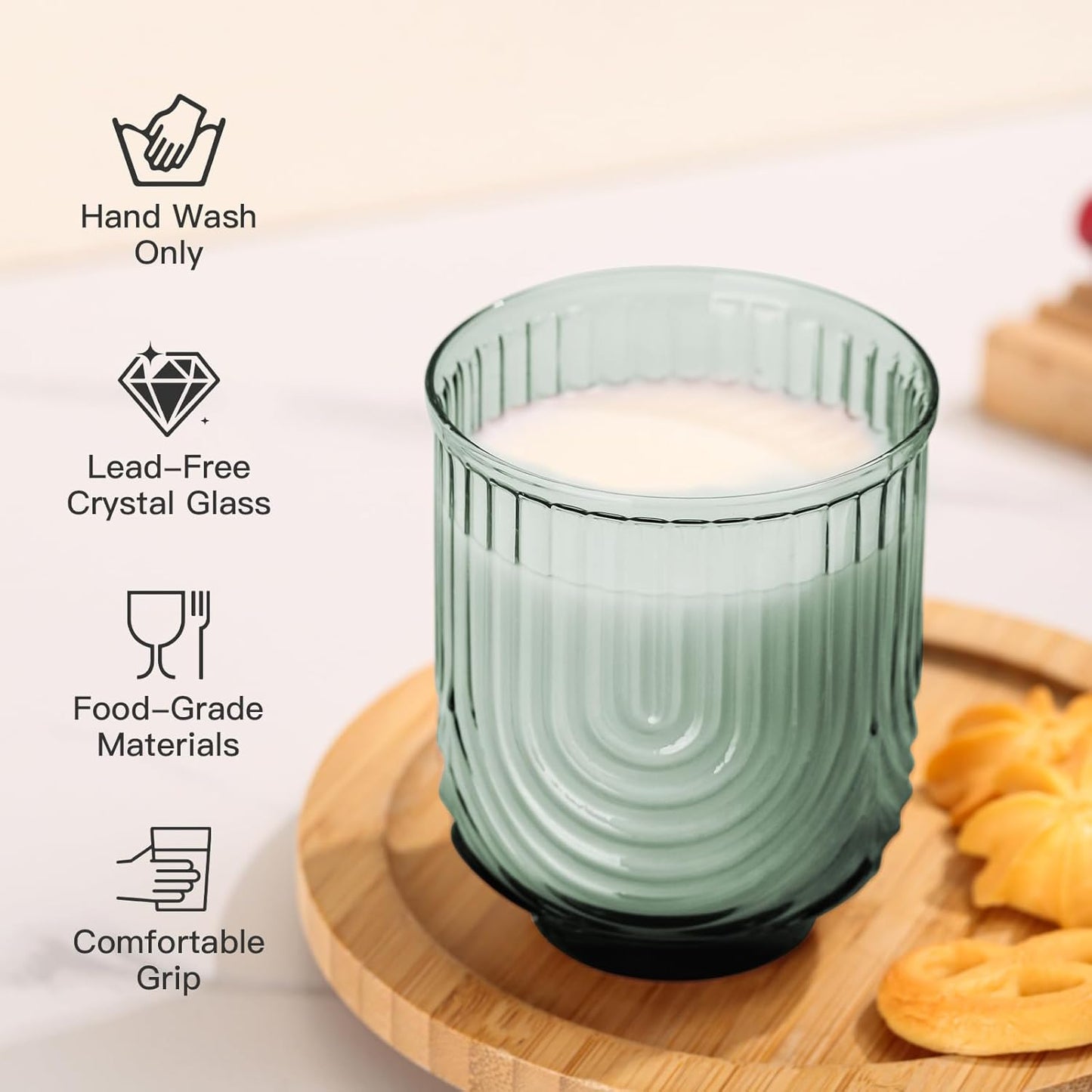 Green Vintage Glassware Set of 6-14Oz Green Water Drinking Glass, Art Deco Ripple Highball Glass, Whiskey Cocktail Glasses, for Bar Beverages Ice Coffee Juice, Housewarming Gifts