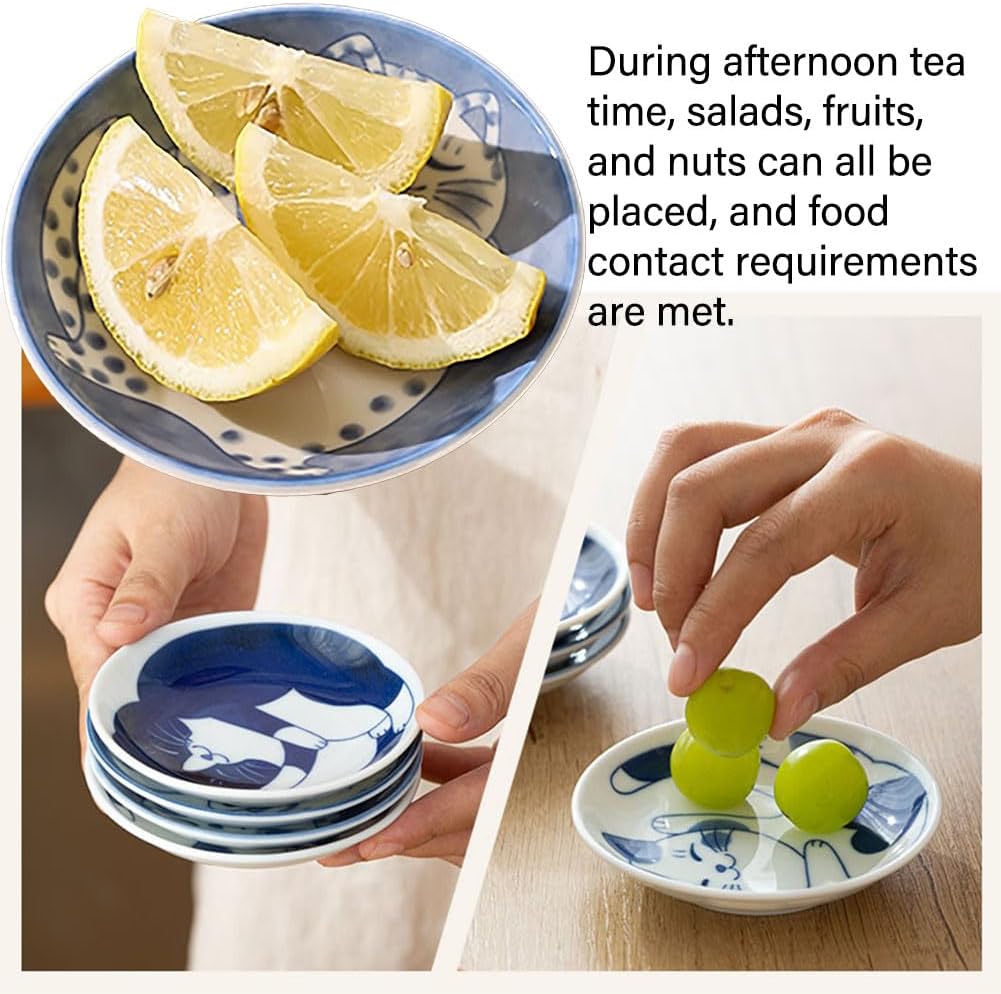 Cute Cat Soy Sauce Plate Set of 4, Japanese Ceramic Cat Bowls - Small 4 Inches Set for Appetizer, Dessert, Sushi - Serving Dish Set of 4