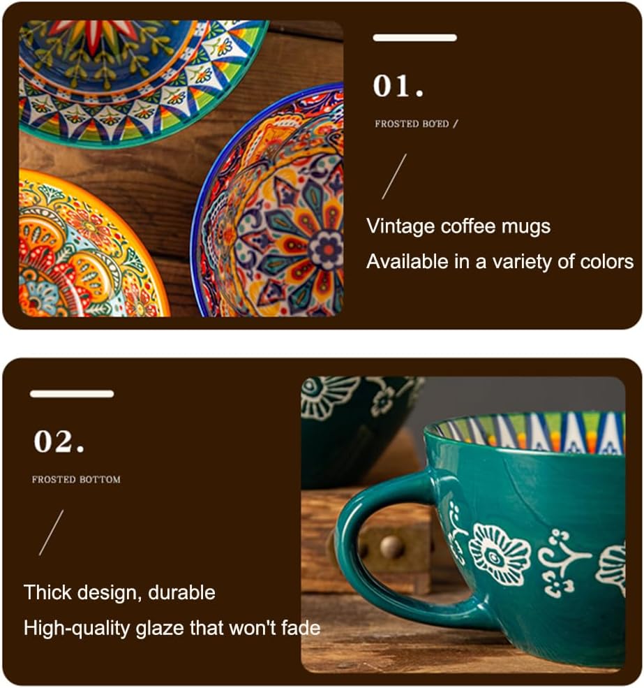 Bohemian Hand-Painted Ceramic Mug, 15 Oz Large Coffee Cup for Milk, Tea, and Breakfast, Dishwasher & Microwave Safe Artisan Cup, Baby Blue