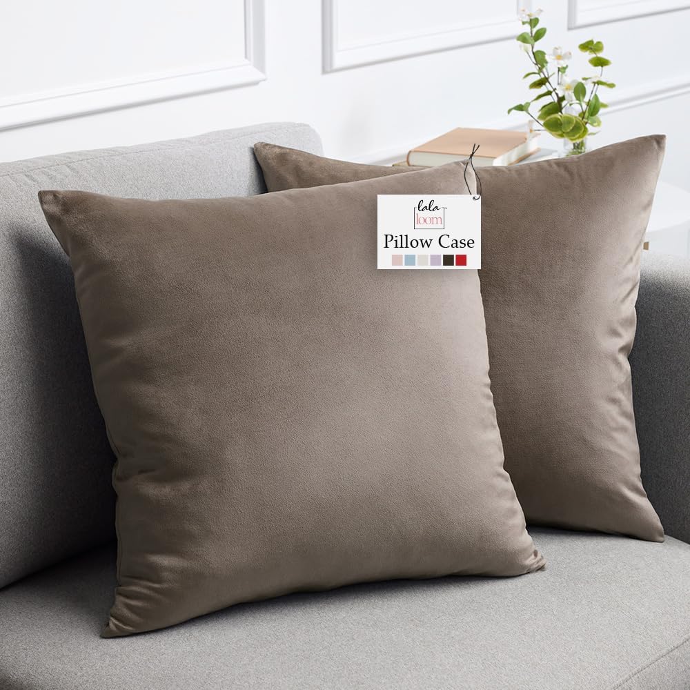lalaLOOM Velvet Throw Pillow Covers, Set of 2, 24x24 Decorative Square Pillows Home Decor, Soft Accent Cases, Silky Machine Washable Pillowcases for Sofa, Couch, Bedroom, Living Room, Taupe