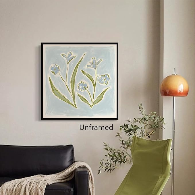 Tulip Flower Canvas Wall Art, Blue and Green Floral Aesthetic Poster, Watercolor Chinoiserie Art Print, Coastal Grandma Grandmillennial Botanical Picture Painting for Wall 16x16in Framed