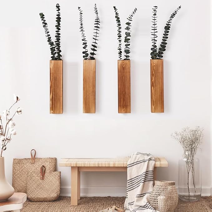 4-Pack Wood Wall Planters for Fake Plants and Dried Flowers Stems, 12" Slim Modern Wooden Vases Wall Decor for Living Room, Bedroom, Bathroom, Apartment