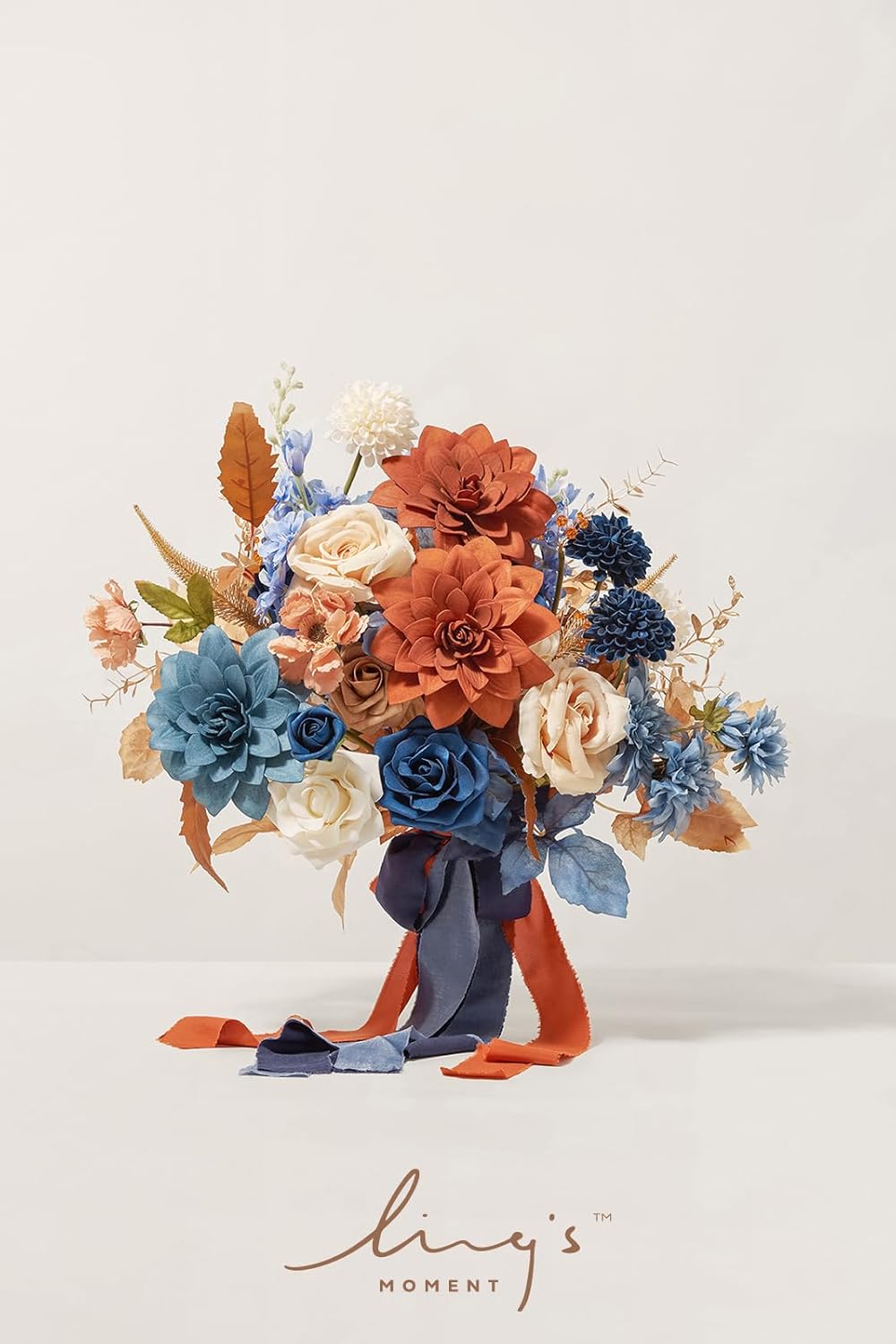 Ling's moment Blue and Orange Wedding Bouquets for Bride, Navy Orange Bridal Bouquets for Bride, 15 Inch Free Form Artificial Wedding Flowers Bouquets