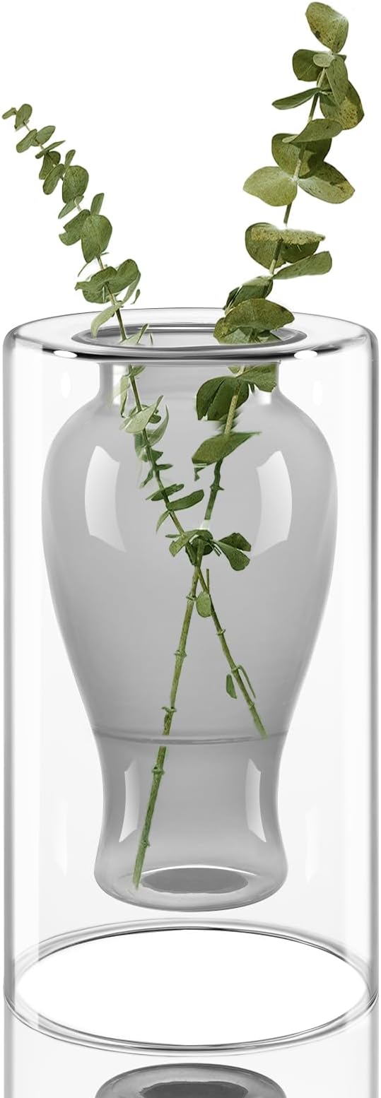 ZENS Unique Smokey Small Flower Vase, Modern Floating Decorative Vase, Double Hollow Cool Glass Hand Blown Bud Vase for Home Small Bouquet, Wedding Centerpieces