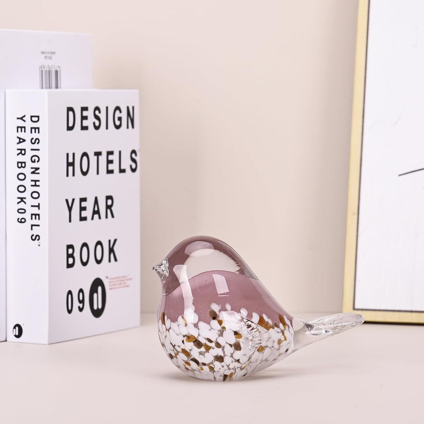 DOVDOV Hand Blown Glass Bird Statue Home Decor, Small Pink Glass Art Bird Sculpture for Office Desktop, Dresser entryway Decorative Ornament and Paperweight.