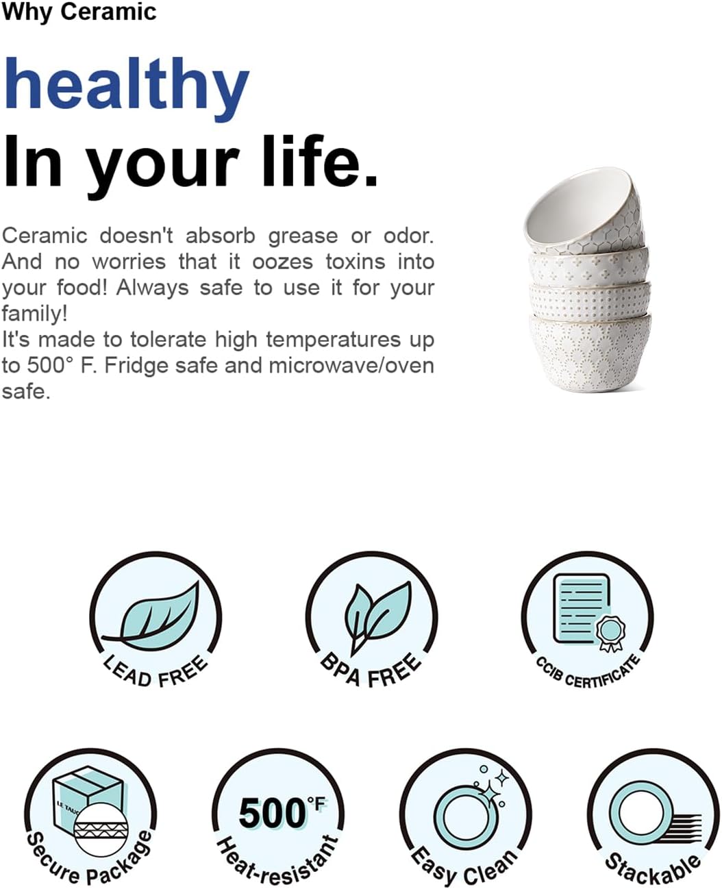 LE TAUCI Small Bowls 8 oz, Dessert Bowl, Ice Cream Bowl for Chili Dipping Sauce Coffee Bouillon, Ceramic Soup Cups - 4 inch, Set of 4, Arctic White