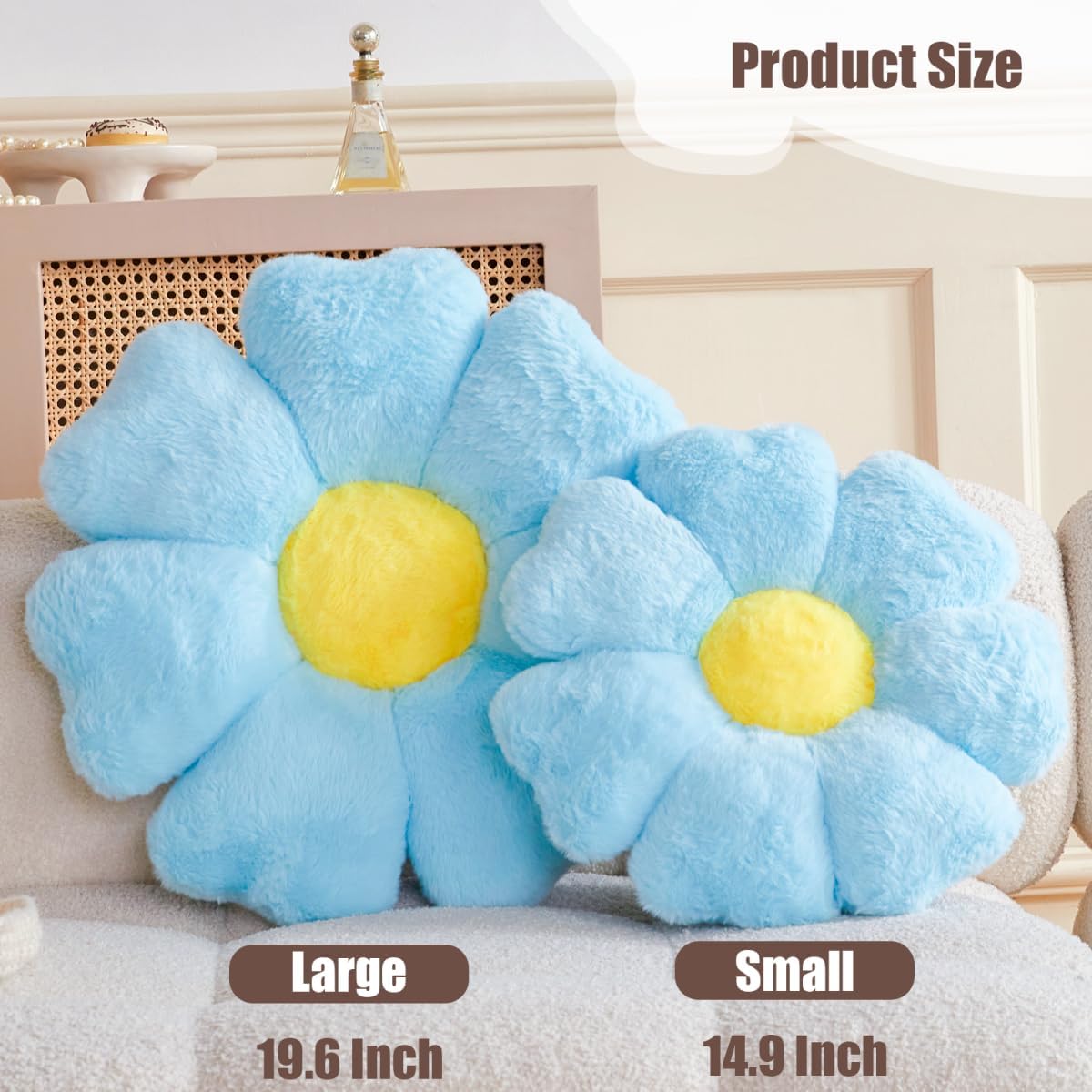 Flower Pillow, Blue Daisy Flower Decorative Pillows for Bed, Cute 19.6" Flower Shaped Pillow with Soft Faux Rabbit Fur Dorm Home Decor Floor Seating Cushion