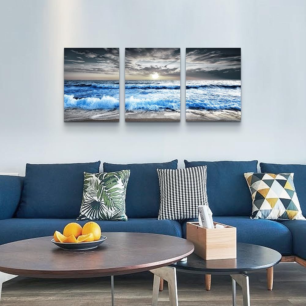MHARTK66 Black and White Wall Art For Living Room Blue sea waves Canvas Wall Decor for Home Decor artwork painting 16" x 24" 3 Pieces Canvas Print For bedroom Decor Modern Salon kitchen Painting