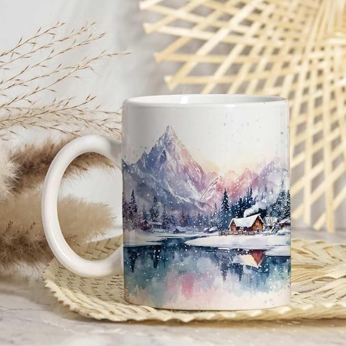 Winter Mountain Coffee Mug - Mountain Lover Mugs Gifts for Women Men - Birthday, Christmas Gift for Friend Mom Dad Wife Husband - Watercolor Printed 11oz Ceramic Mug