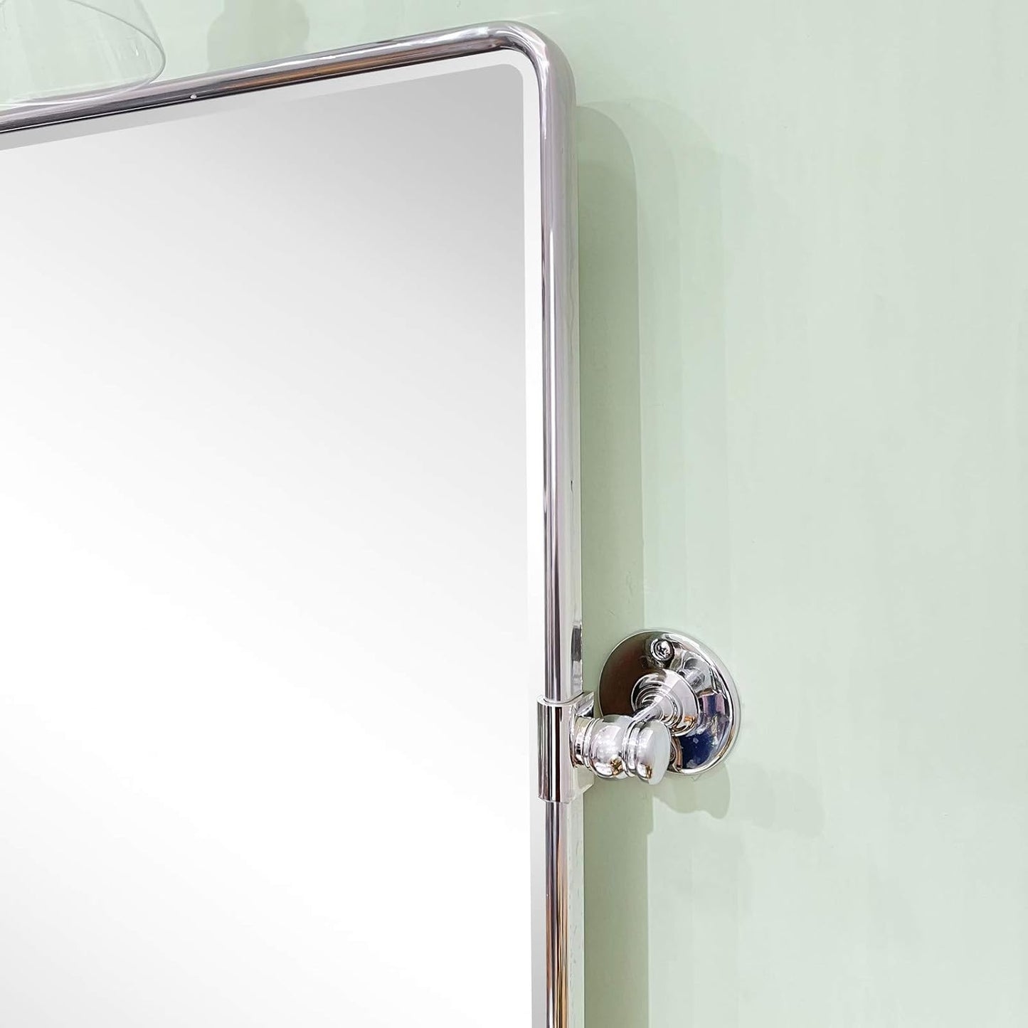 Farmhouse Chrome Metal Framed Pivot Rectangle Bathroom Mirror Rounded Rectangluar Tilting Beveled Vanity Mirrors for Wall, Overall 22.91 x 24 inches (Mirrror 19 x 24 inches)