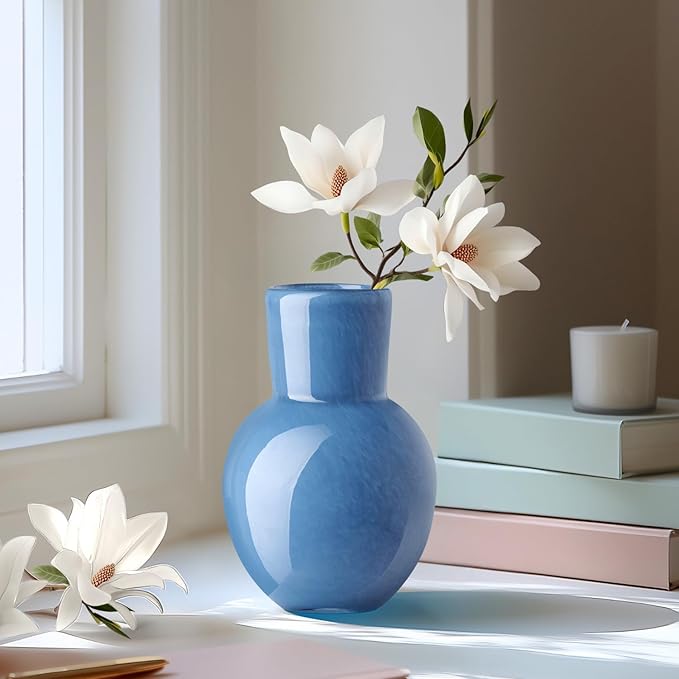 Torre & Tagus 6" Mouth Blown Art Glass Vase for Flowers - Opaque Blue Small Table Vase & Handmade Small Blue Accent for Coastal Home Decor, Neutral Bud Vases as Decorative Shelf Decor or Wedding