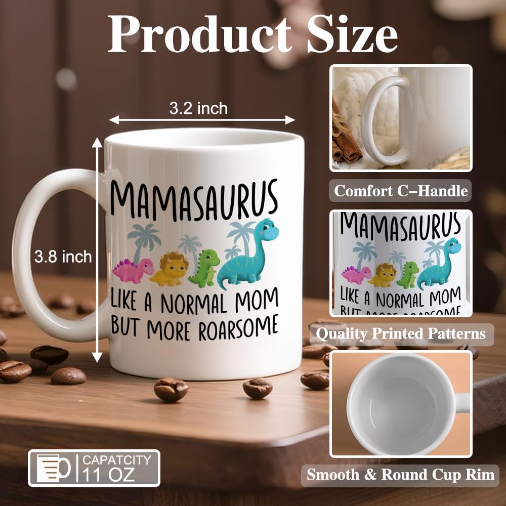 Mamasaurus Like A Normal Mom But More Roarsome Ceramic Coffee Mug for Women Mom Mama, Appreciation Birthday Gifts for Aunt Grandma Mother, Funny 11oz Dinosaurs Mug, Mothers Day Gifts