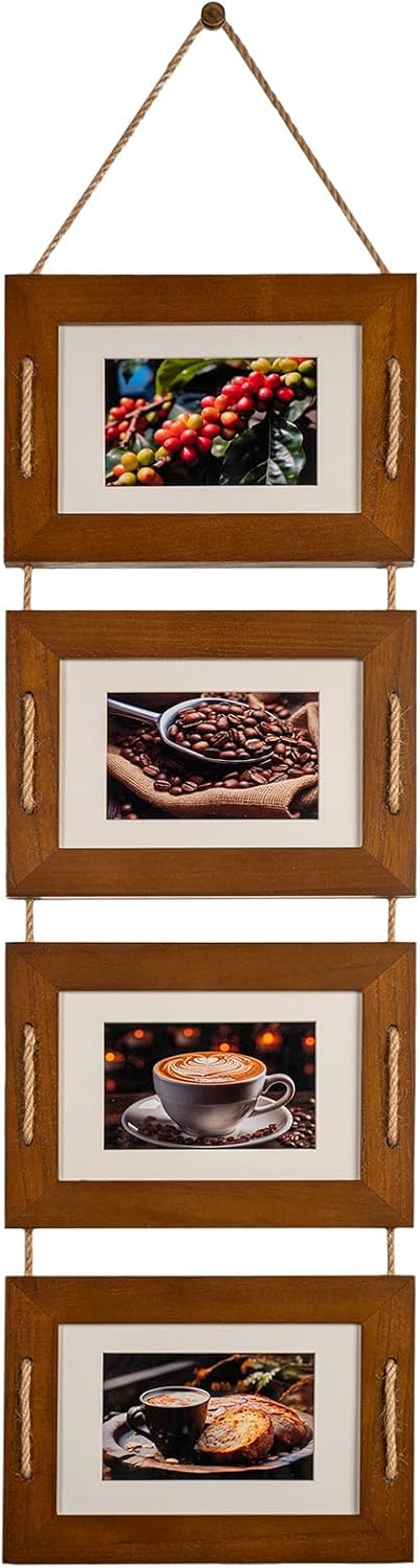 DLQuarts 5x7 Hanging Collage Picture Frames Wall Decor, 4-Opening 5x7 Matted to 3.5x5 Photo Rustic Wood Frame with Hemp Rope, 1 Pack, Dark Walnut