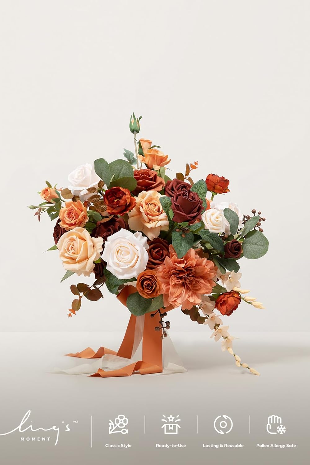 Ling's moment Terracotta Wedding Bouquets for Bride, Burnt Orange Bridal Bouquets for Bride, 15 Inch Free Form Artificial Wedding Flower Bouquet