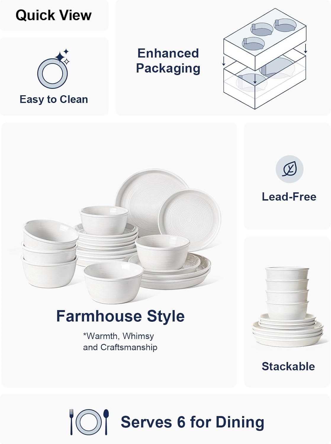 LE TAUCI 18-Piece Ceramic Dinnerware Set, Service for 6 – White Farmhouse Deeper Plates & Bowls (10" Dinner, 8" Salad, 6" Bowls), Stackable, Chip Resistant Stoneware Dishes