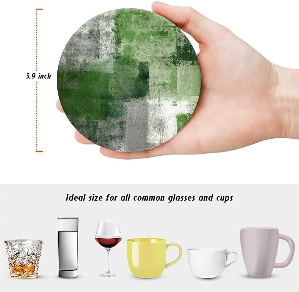 LOKMU Coasters for Drinks,Round Absorbent Ceramic Stone Coaster Sets of 6 with Metal Holder Stand,Green and Grey Abstract Art Coasters with Cork Base for Coffee Wooden Table,Housewarming Gifts