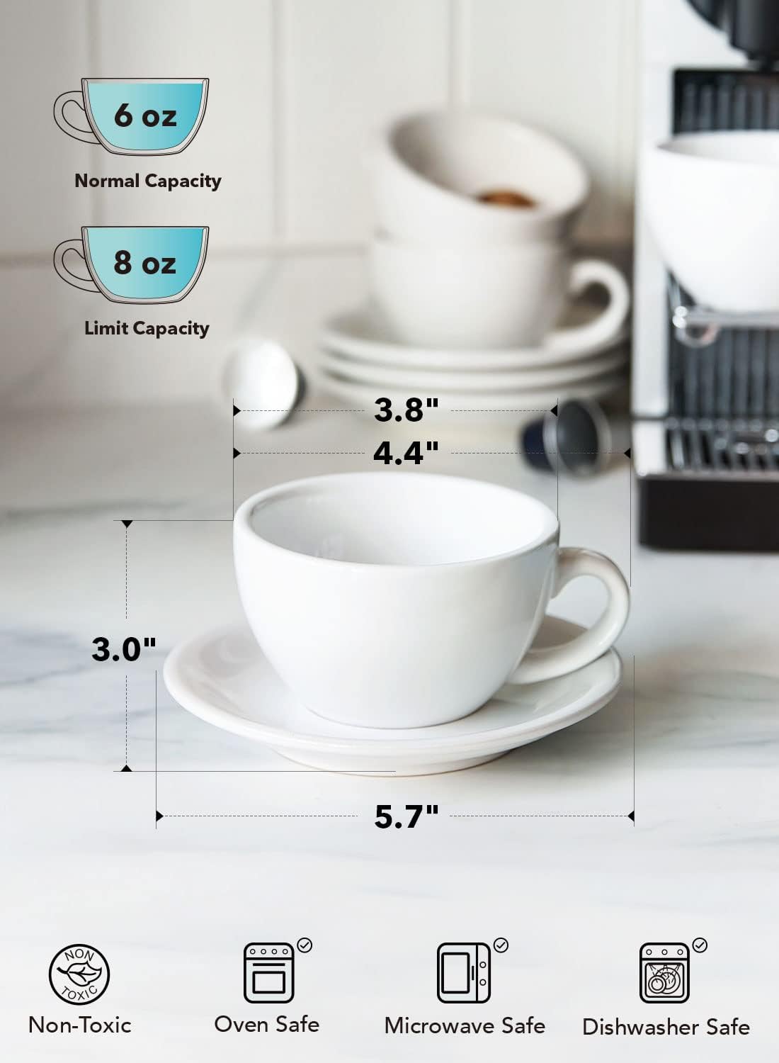 LE TAUCI 6 oz Cappuccino Cups with Saucers, Ceramic Coffee Cup for Au Lait, Double shot, Latte, Cafe Mocha, Tea - Set of 4, White