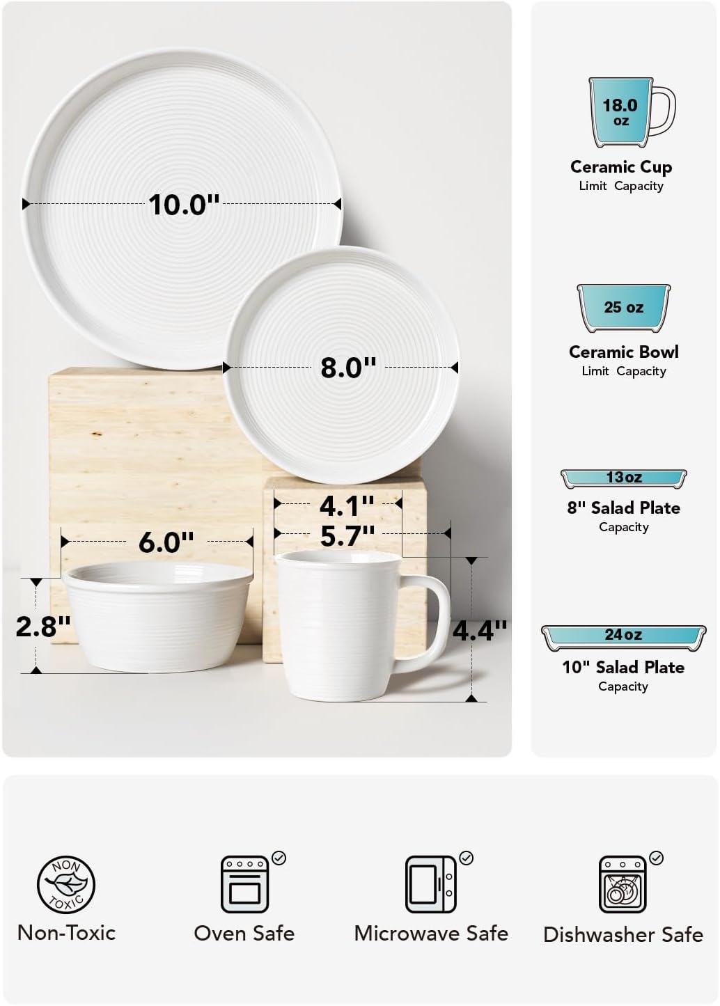 LE TAUCI 16-Piece Ceramic Cups and Plates sets for Kitchen, Service for 4 – White Farmhouse Deeper Plates & Bowls (10" Dinner, 8" Salad, 6" Bowls, 18 oz Mugs), Stackable, Chip Resistant Stoneware